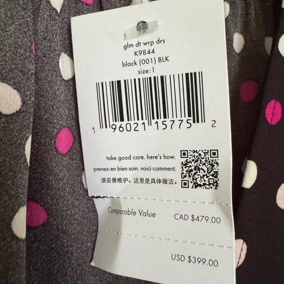 Kate Spade Glimmer Dot Wrap Dress, Black With Pink/White Polka Dots, Size 1, NWT